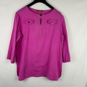 Ellen Tracy hot pink linen blouse top size L lagenlook fold sleeve tap